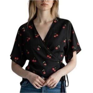 Rails Lol cherry print short sleeve wrap top in black size S excellent condition